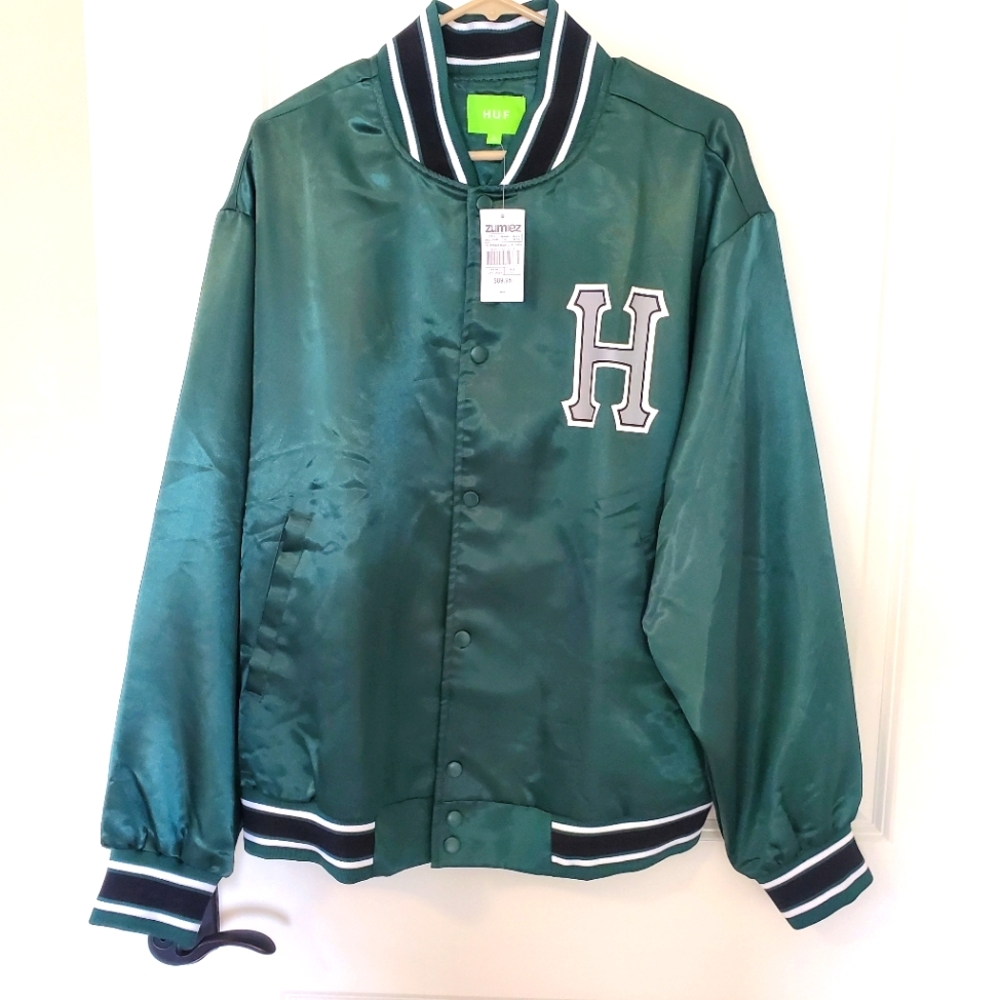NWT Huf Crackerjack baseball jacket.  Green gray black striping sz M